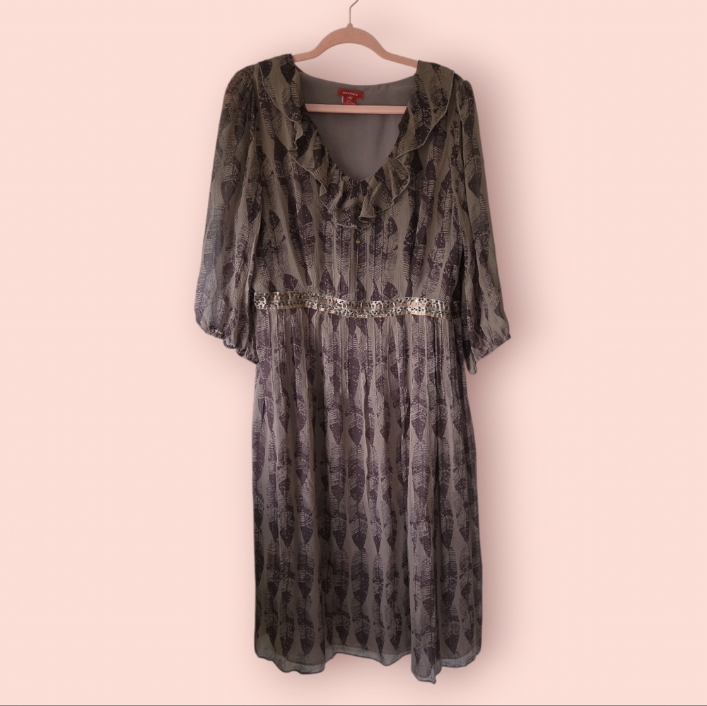 Sundance Silk Feather Print Sequin‎ Waist Dress Size 16
